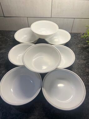 Corelle Vintage White Cereal Bowls with gray stripe – Set of 8.